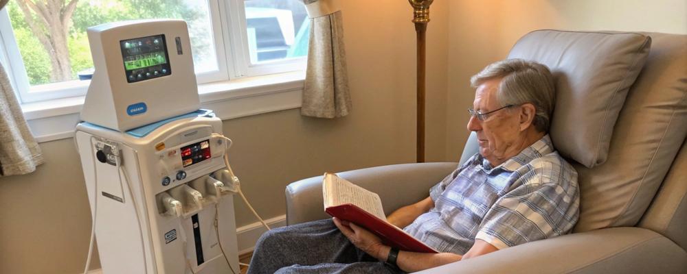 person i fåtölj med  dialysapparat 